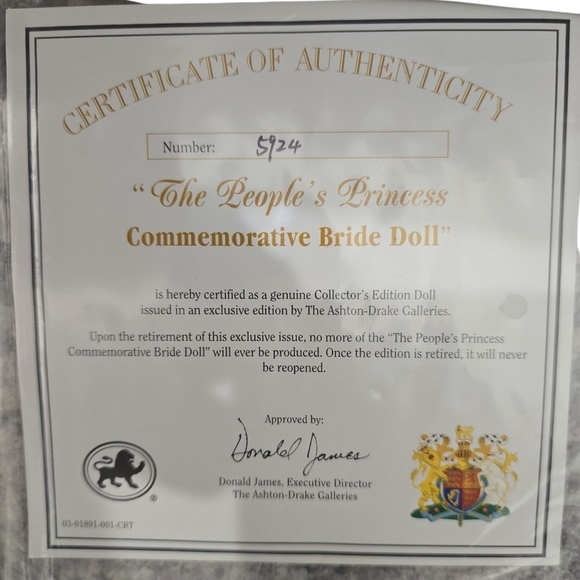 Ashton Drake Collectable Princess Diana Bride Doll The People's Princess NEW Wht - Picture 9 of 12